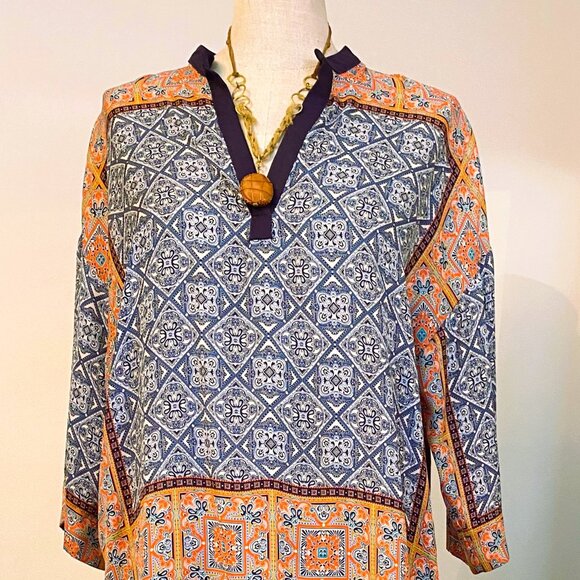 Zara Basic White, Blue, and Orange Flowy V-Neck Tunic - Picture 1 of 8